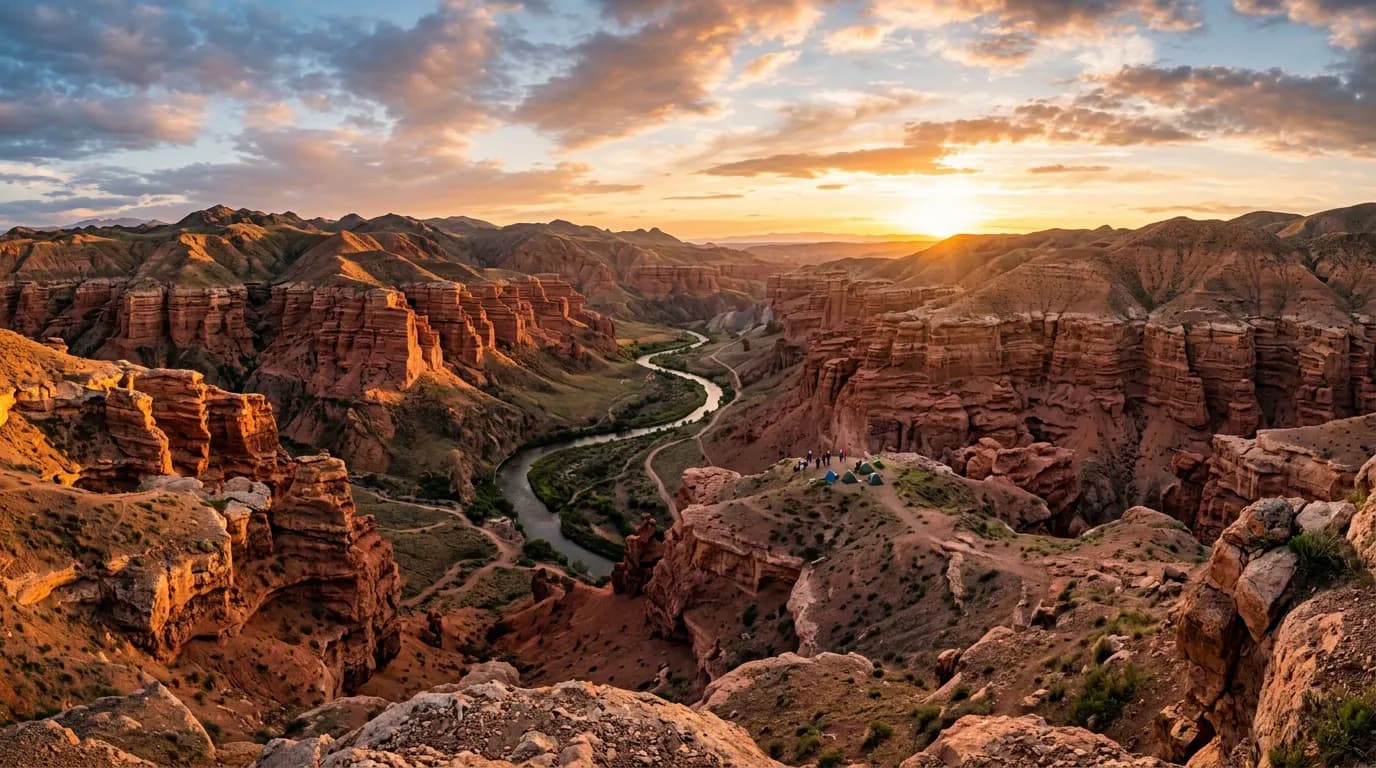 Red sandstone walls of Charyn Canyon in warm evening light