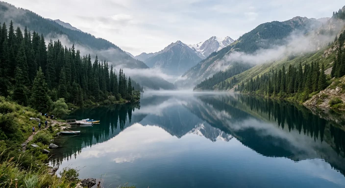 Misty alpine lake in the Kolsai Lakes reflecting spruce forest and mountains