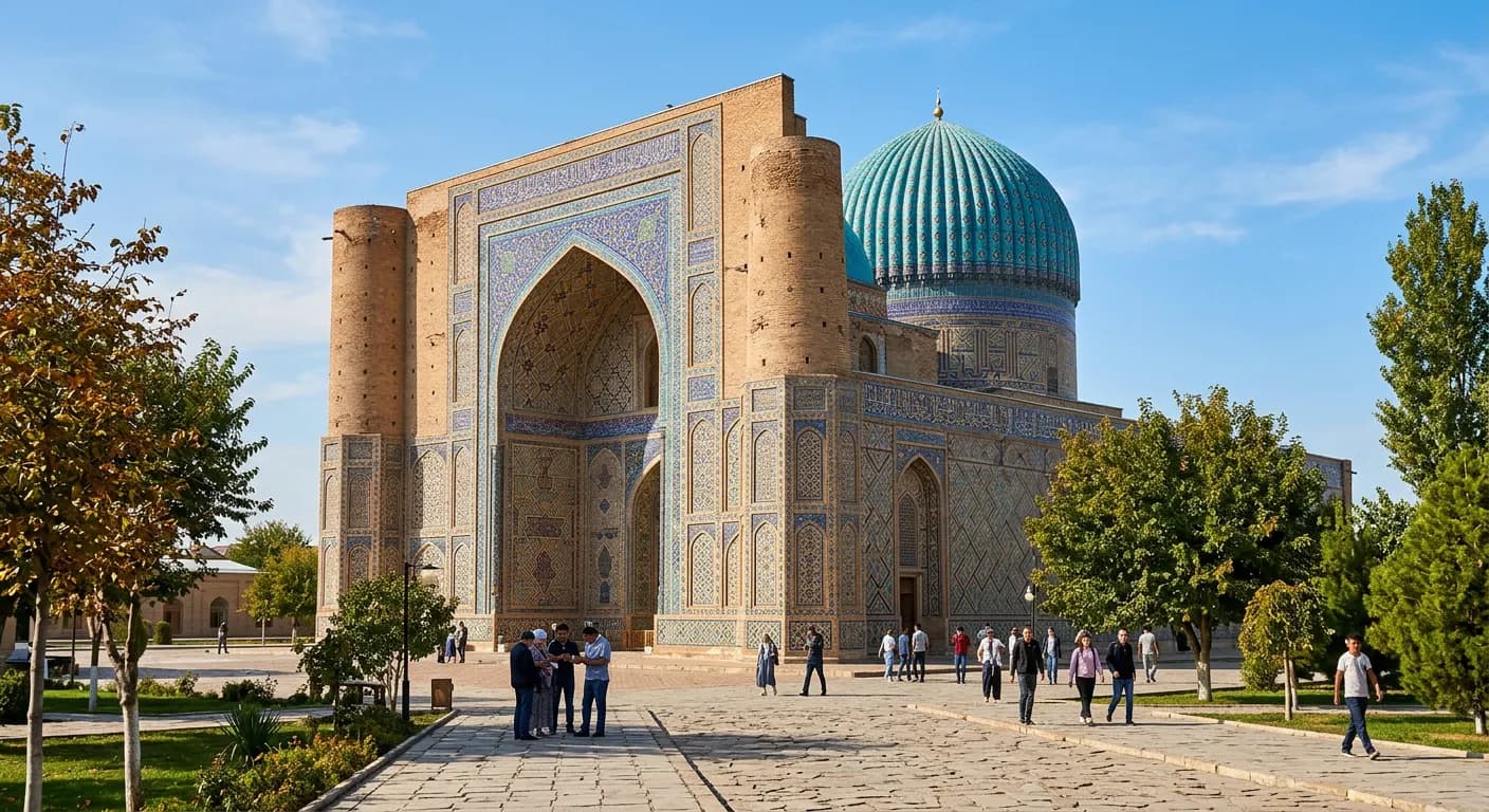Turquoise dome of the Mausoleum of Khoja Ahmed Yasawi in Turkestan
