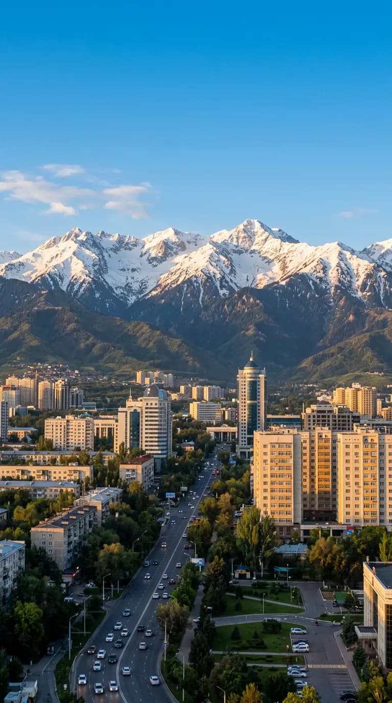 Snow-capped mountains rising above the city of Almaty