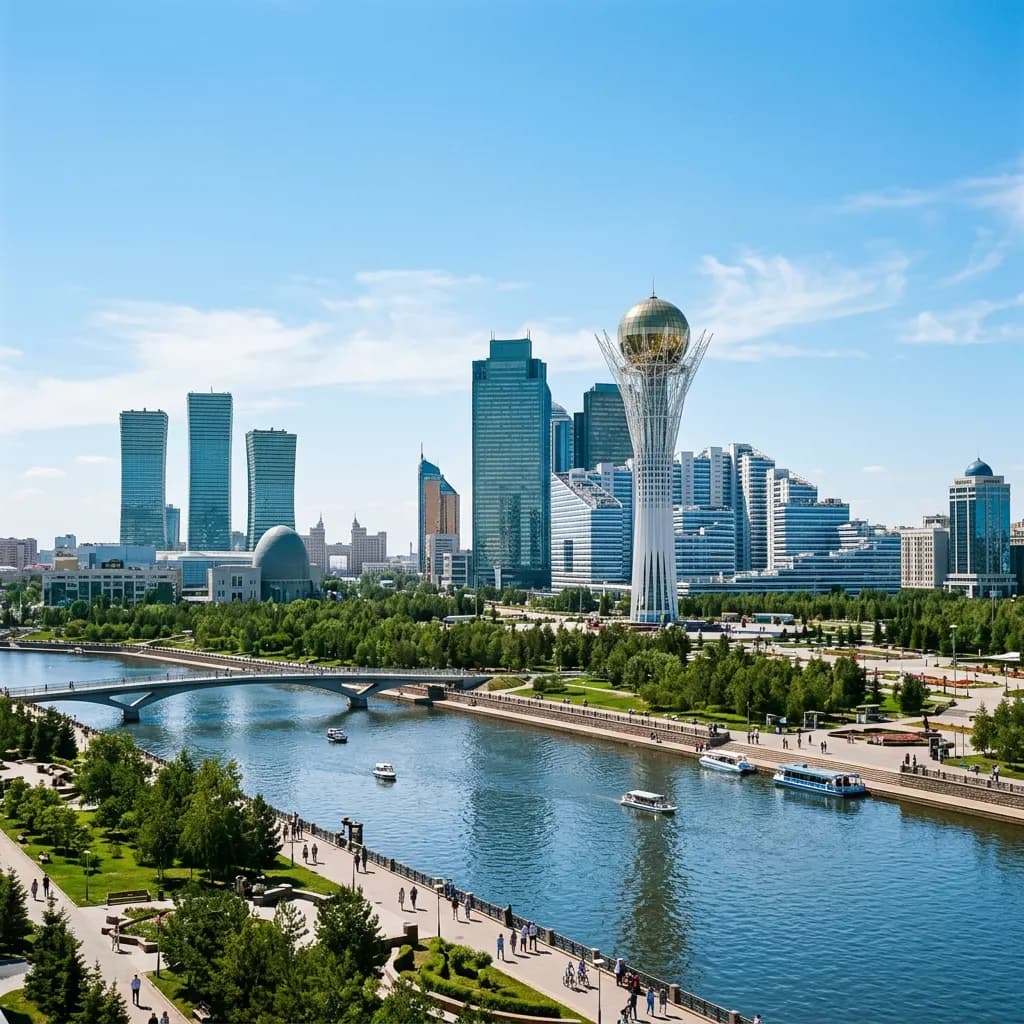 Futuristic skyline of Astana at sunset