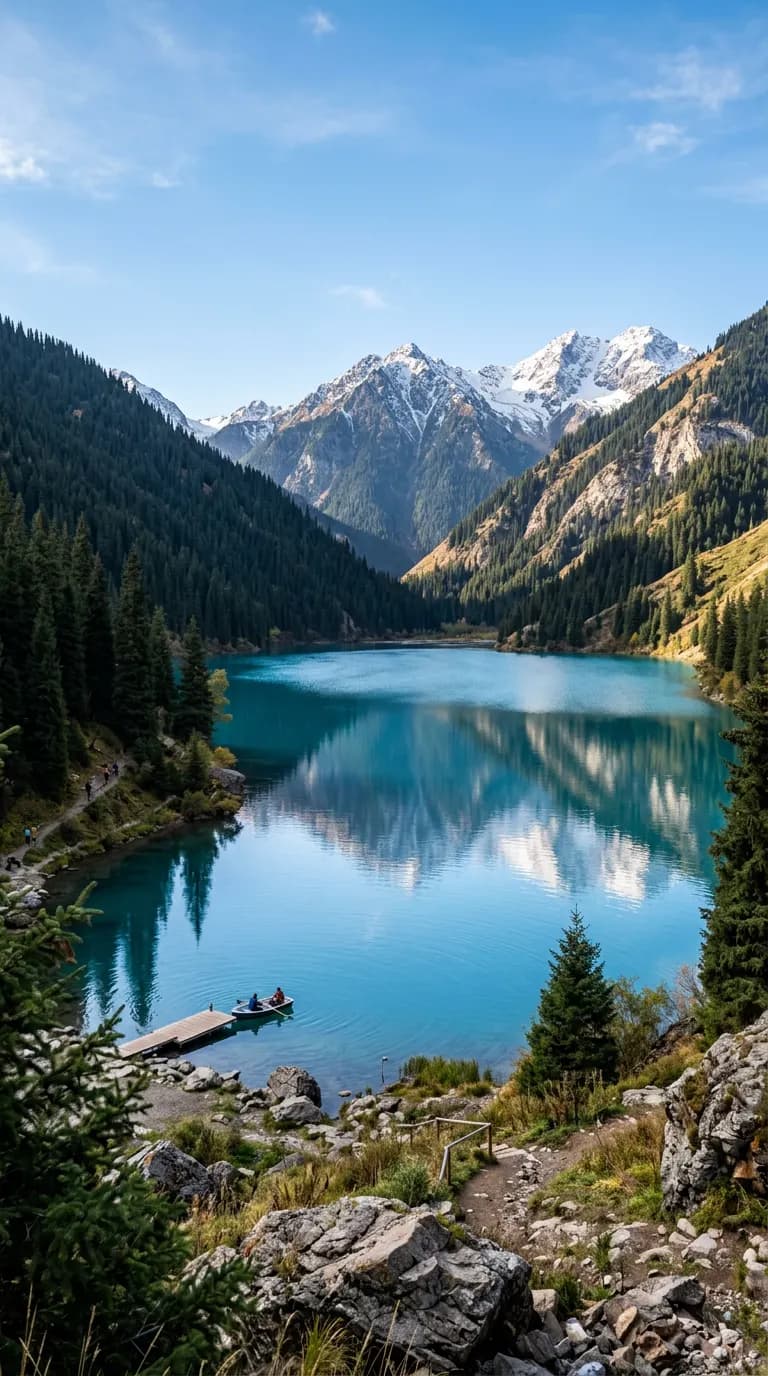 Misty morning at the Kolsai Lakes in the mountains of Kazakhstan